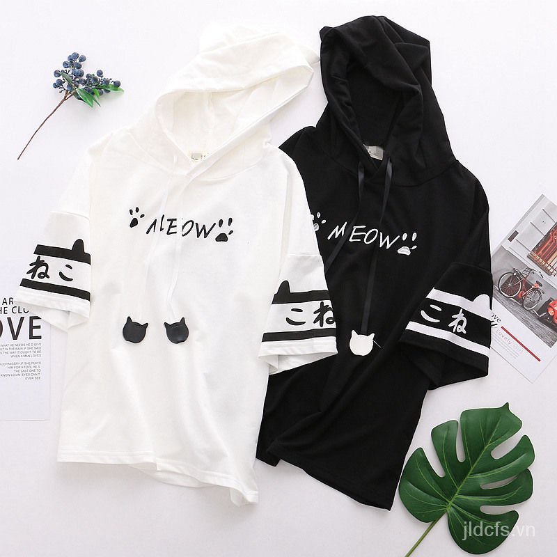 Áo hoodie ngắn tay thêu hình chân mèo xinh xắn phong cách Harajuku Nhật Bản dành cho nữ