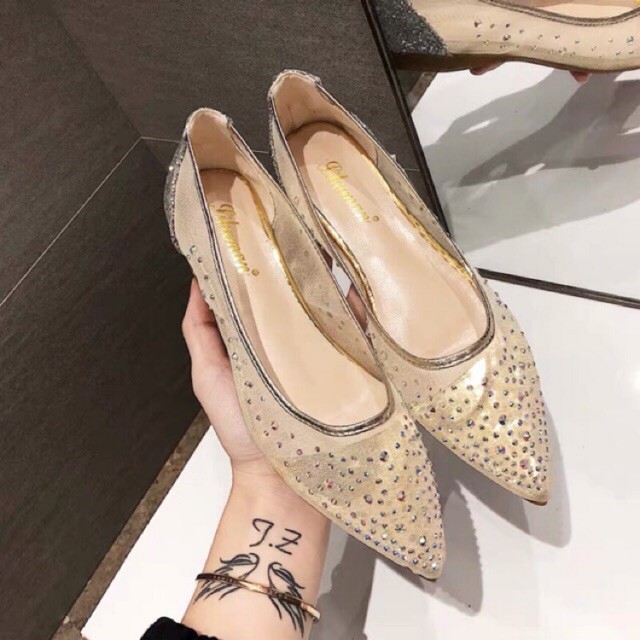 [ ORDER ] Giày nữ/ Giày bệt mũi nhọn đính hạt Size 33-39