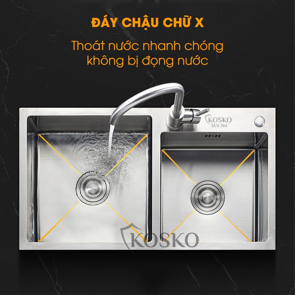 ✐﹉▣Chậu rửa bát inox 304 KOSKO Đúc 2 hố lệch (Tặng Kệ Để Đồ Đa Năng + Bộ ống xả) Bảo hành 12 đến 24 tháng