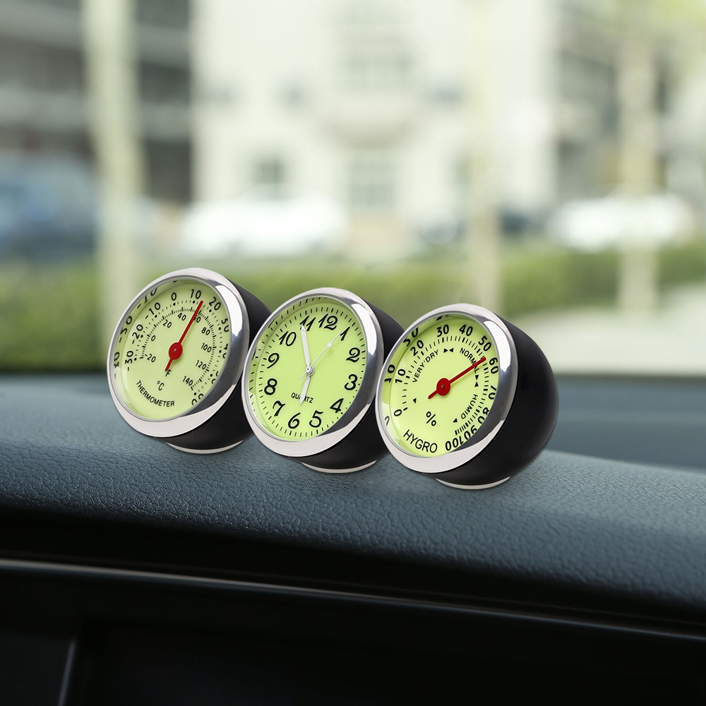 Đồng Hồ Analog Máy Quartz Mini Dạ Quang Kiêm Nhiệt Kế Cho Xe Hơi