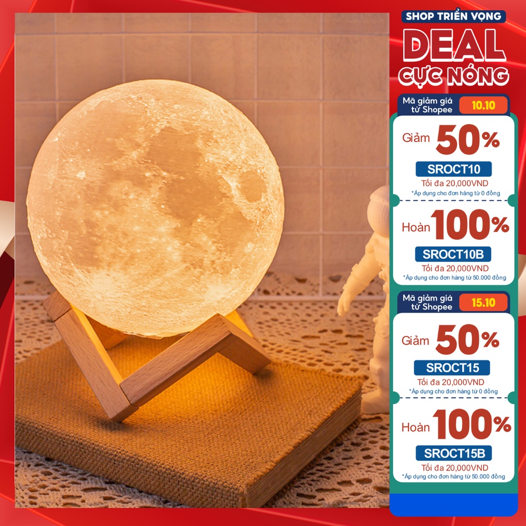 Đèn ngủ LED hình mặt trăng 3D sạc USB, Đèn mặt trăng 3d kèm giá đỡ gỗ trang trí decor  MIN64