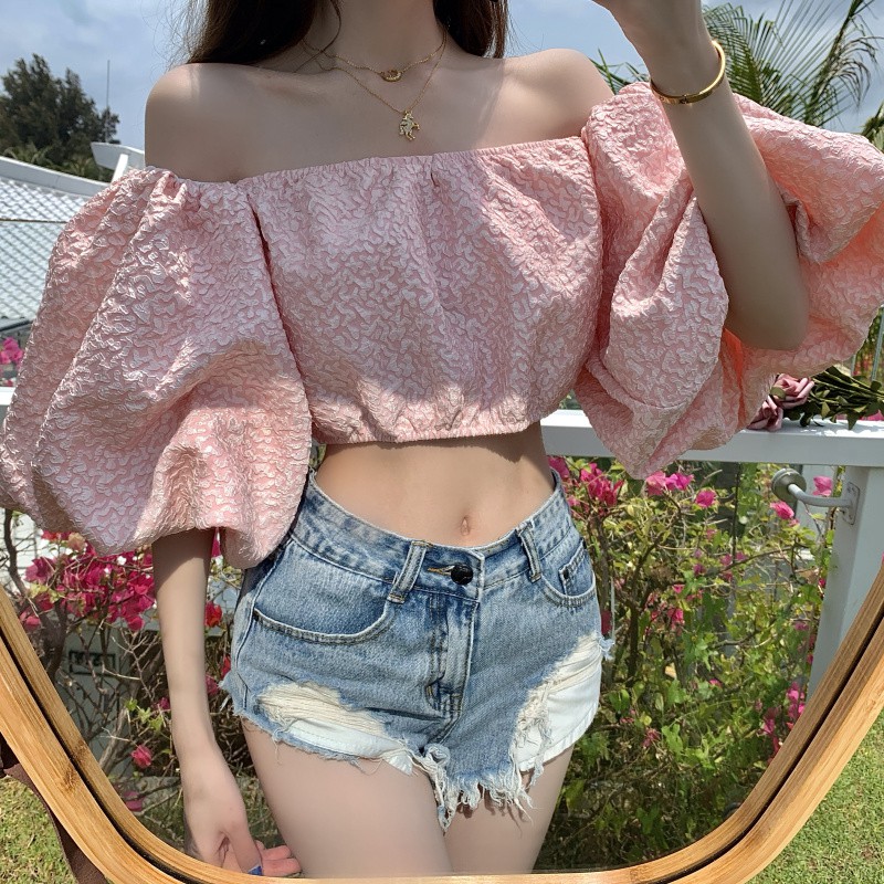 Korean jacquard tube top one-line neck blouse strapless sexy short top