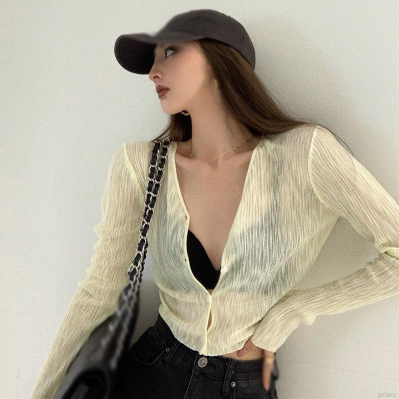 Áo Cardigan Dệt Kim Tay Dài Cổ Chữ V Màu Sắc Đơn Giản Phong Cách Hàn Quốc Thời Trang Mùa Hè Cho Nữ