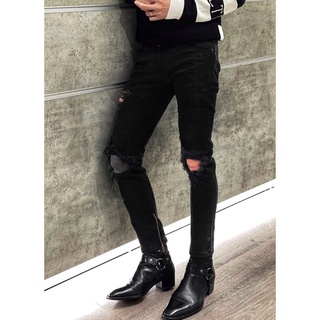 Quần bikerjeans rách gối màu đen gối xám