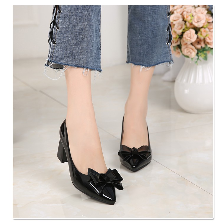 Giày cao gót big size nữ size lớn 40 41 42 43 màu đen gót vuông 5 cm phối nơ thời trang