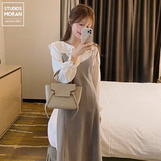 (ORDER) Váy yếm hai dây MORAN kẻ sọc nâu thắt eo sau lưng điệu đà style Hàn Quốc nhẹ nhàng