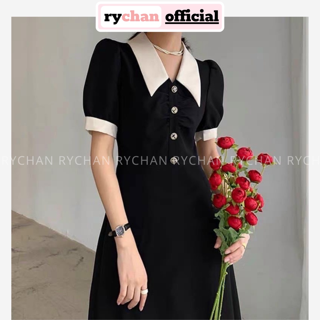 Đầm Nữ Dự Tiệc Cực Thanh Lịch Dáng Dài Xòe Nút Trước Cổ Lá Viền Trắng Màu Đen - DX9740
