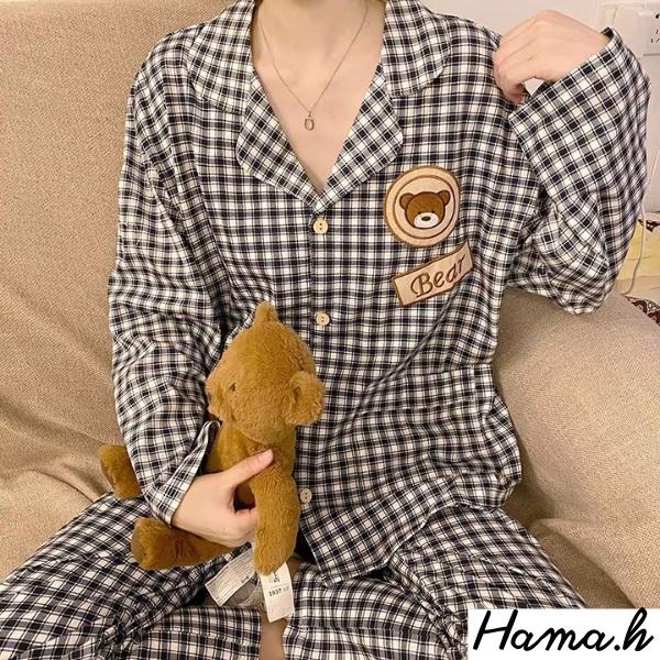 Bộ ngủ nữ Pijama lụa tay dài quần dài kẻ xinh xắn cao cấp chất dày ấm mặc ở nhà mùa đông phong cách hàn quốc-BND010