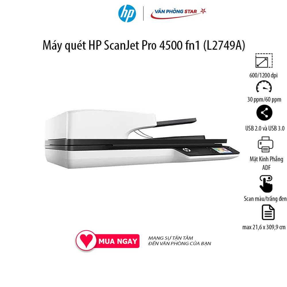 Máy quét HP Scanjet Pro 4500 FN1 (L2749A) Scan hai mặt khổ giấy A4; Mặt kính phẳng; ADF. Tối đa 30 -60 trang/phút