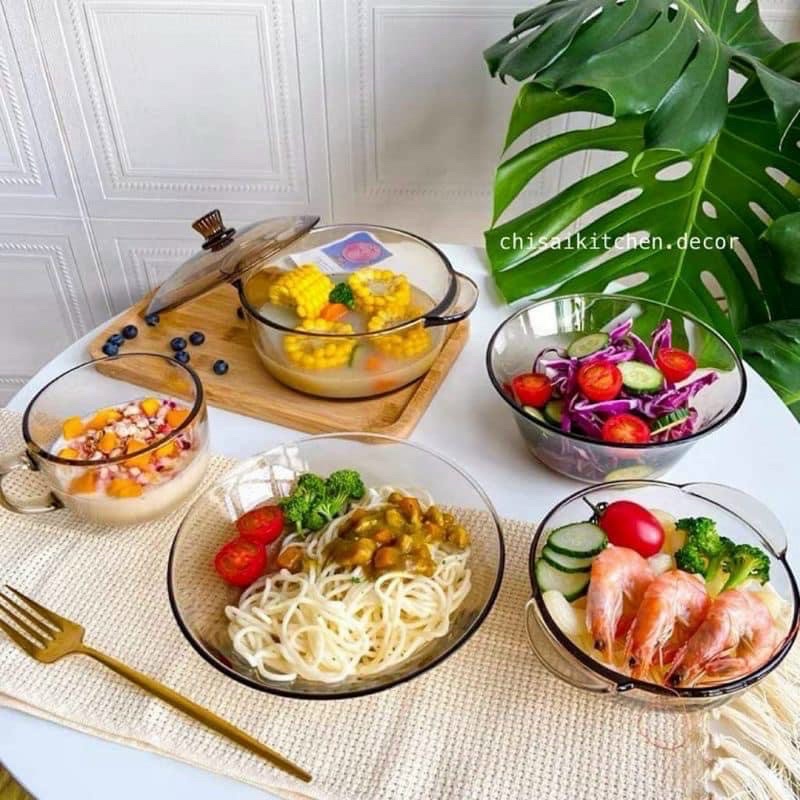 Bộ nồi và chén bát thuỷ tinh trong suốt 5 món cao cấp phong cách Hàn Quốc cực sang - Bộ tô chén thuỷ tinh decor bàn ăn