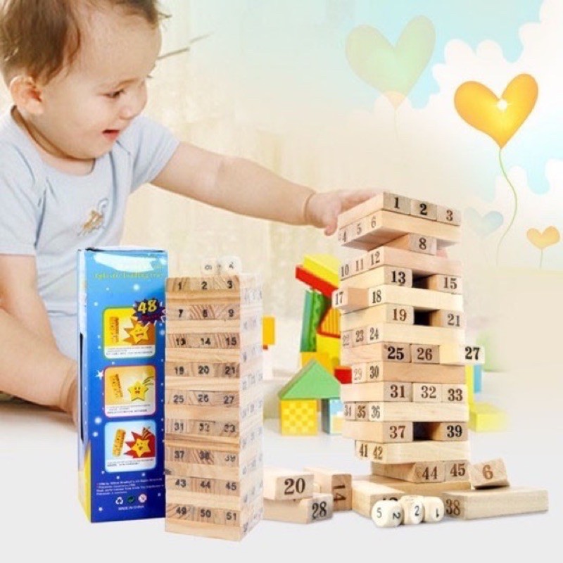 Bộ đồ chơi gỗ xếp hình, rút gỗ domino, montessori 54 thanh