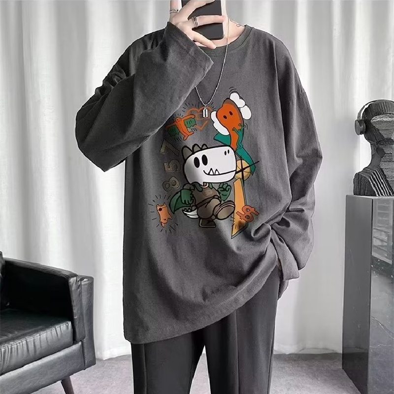 Áo Thun Tay Dài Dáng Rộng In Họa Tiết Hoạt Hình Phong Cách Hip Hop Hàn Quốc Thời Trang Cho Nam Và Nữ size M-5XL