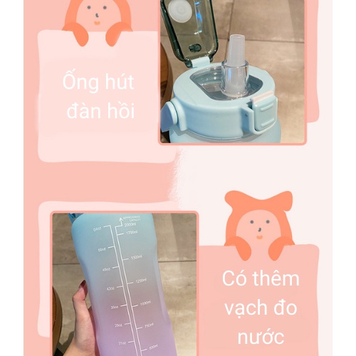 Bình nước 2 lít cute có ống hút có vạch báo giờ uống nước tặng sticker NAVAS