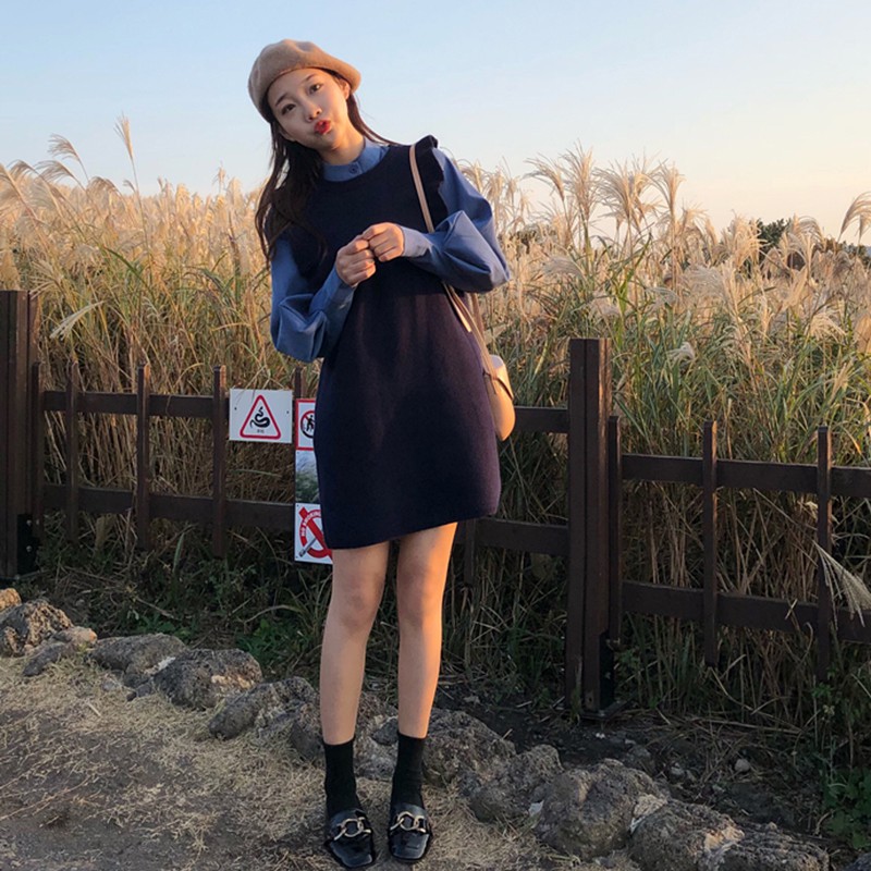 Váy ulzzang áo sơ mi set váy nữ đẹp sơ mi dài tay đầm len gile mỏng áo kiểu dáng hàn quốc | BigBuy360 - bigbuy360.vn