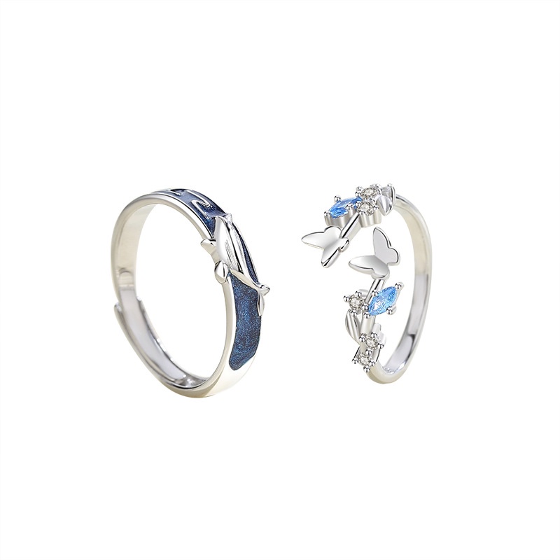 Nhẫn Mạ Bạc 925 Hình Cá Voi Và Bướm Đính Đá Zircon Xanh Dương Phong Cách Trung Hoa Thích Hợp Làm Quà Tặng Cho Cặ