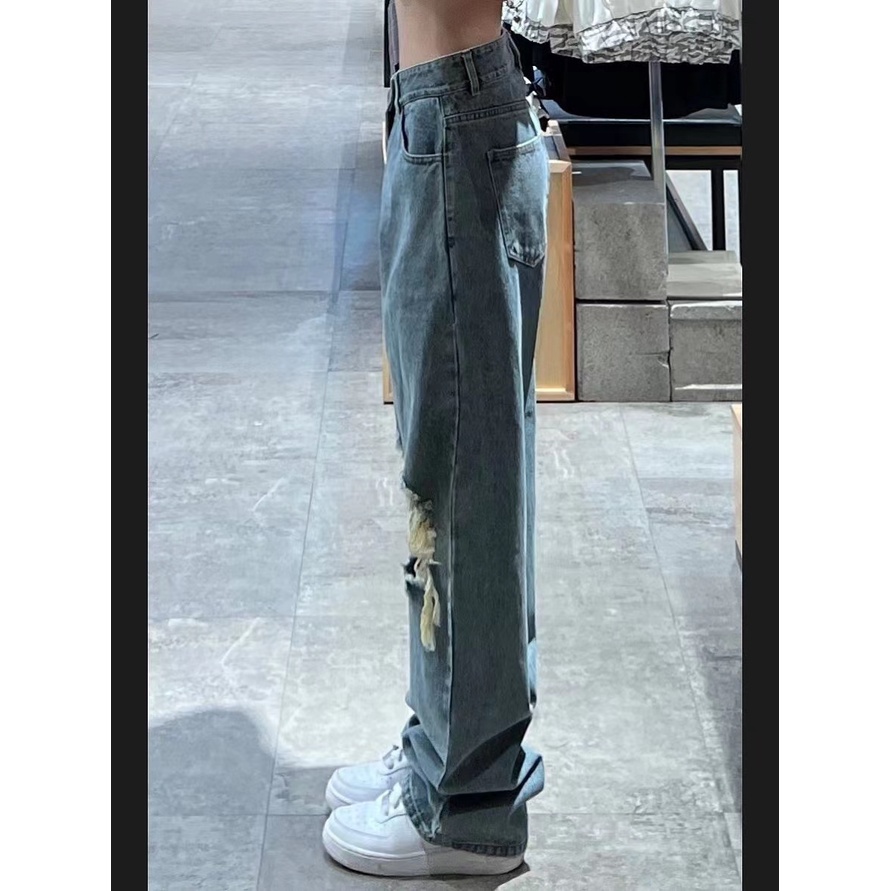 Quần jeans Nữ Lưng Cao Ống Đứng Rách Gối Thời Trang Mỹ