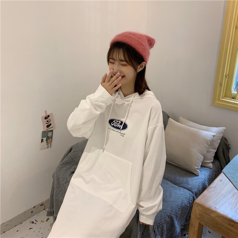 SUXI Đầm hoodie in hình dáng rộng thời trang Hàn Quốc