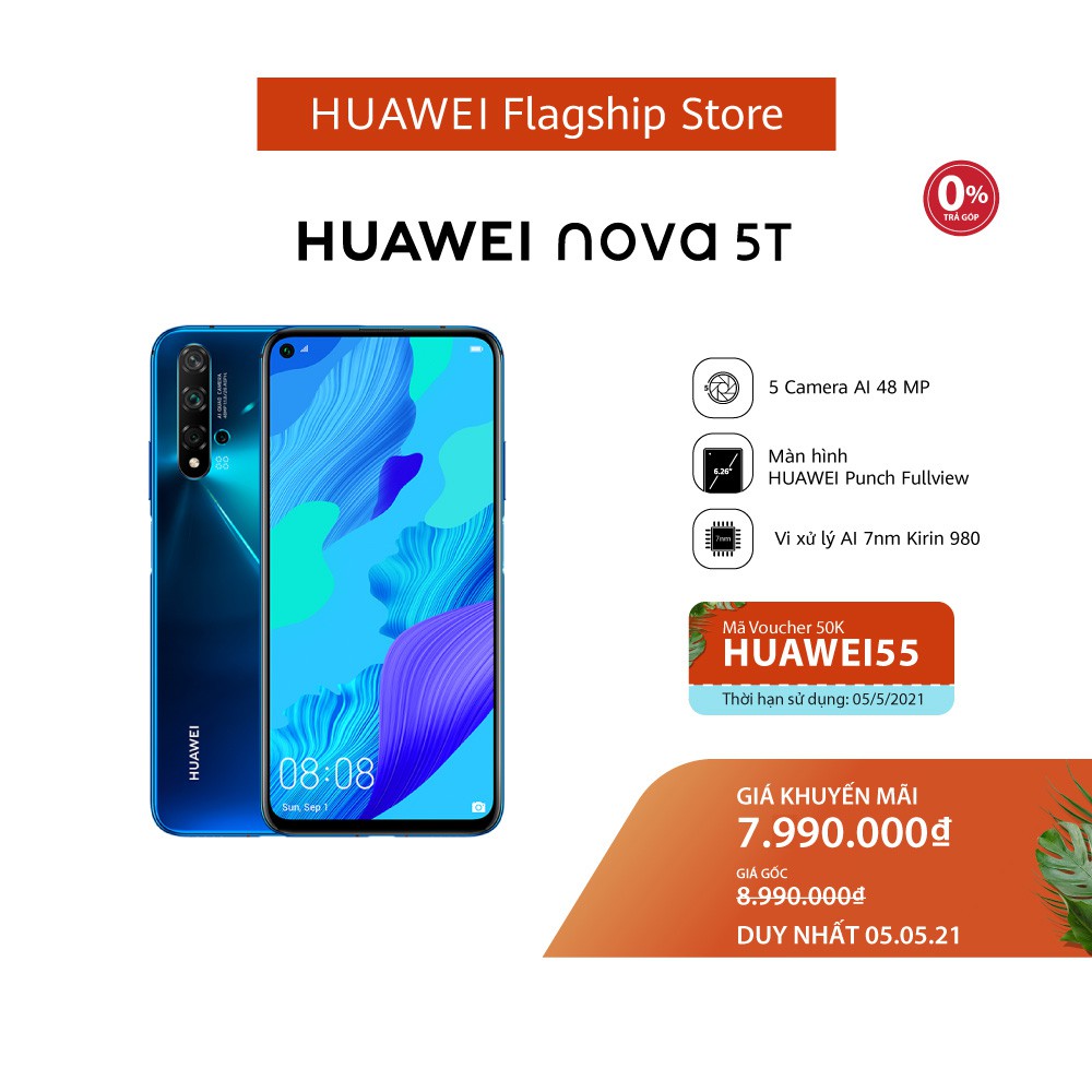 Điện thoại Huawei Nova 5T (8GB/128GB) | Chip Kirin 980 7nm 8 nhân mạnh mẽ