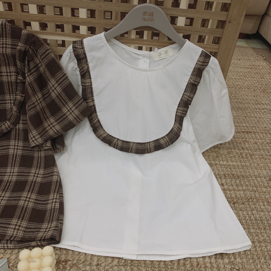 Áo sơ mi ngắn tay màu trắng, áo kiểu cộc tay cách điệu cổ viền nâu xinh xắn, tiểu thư MÃ OC06