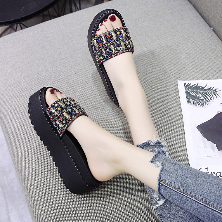 Dép Nữ Đế Xuồng Cao Gót Quai Ngang Đính Đá Cườm Cao 7Cm