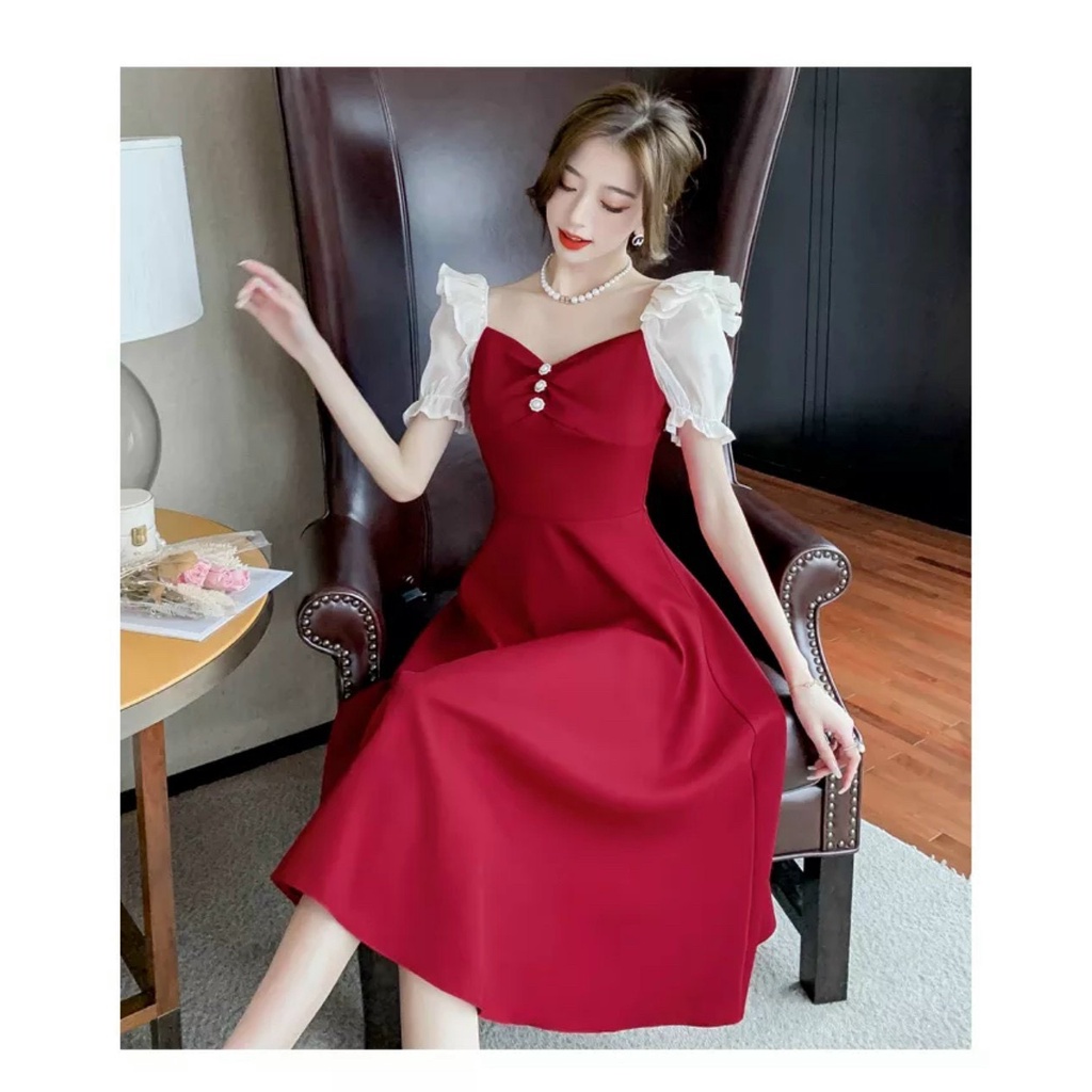 Đầm váy nữ xòe tay nhún bèo phối voan kiếng 3 màu y hình thời trang duyên dáng dịu dàng