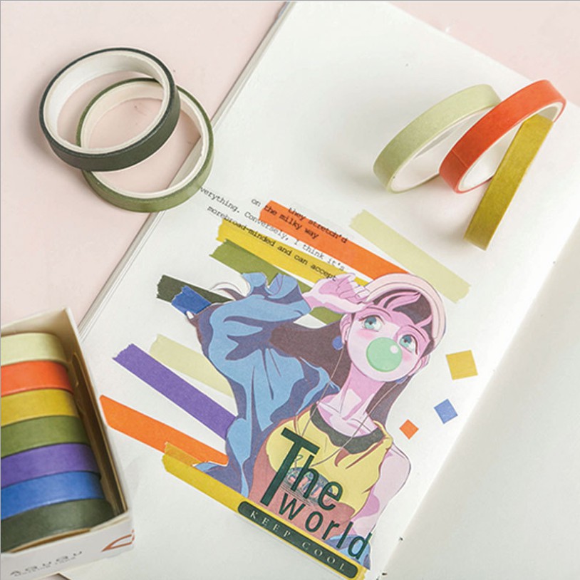 [Mã LIFEBOOK2 giảm 10% đơn 0Đ] Hộp 7 cuộn washi tape màu sắc cơ bản size 7mm