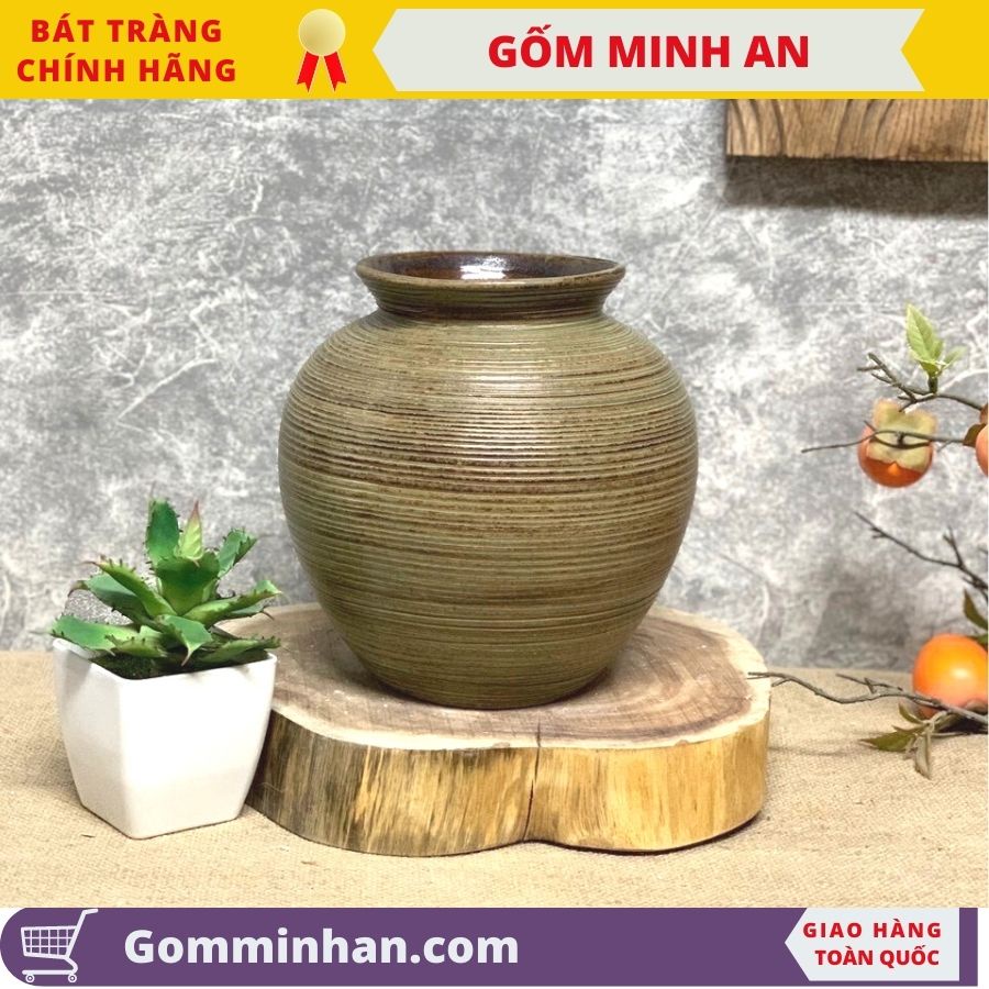 Bình Hoa Lọ Hoa Vò Tròn Dáng Thấp Men Mộc-Gốm Bát Tràng- Gốm Minh An