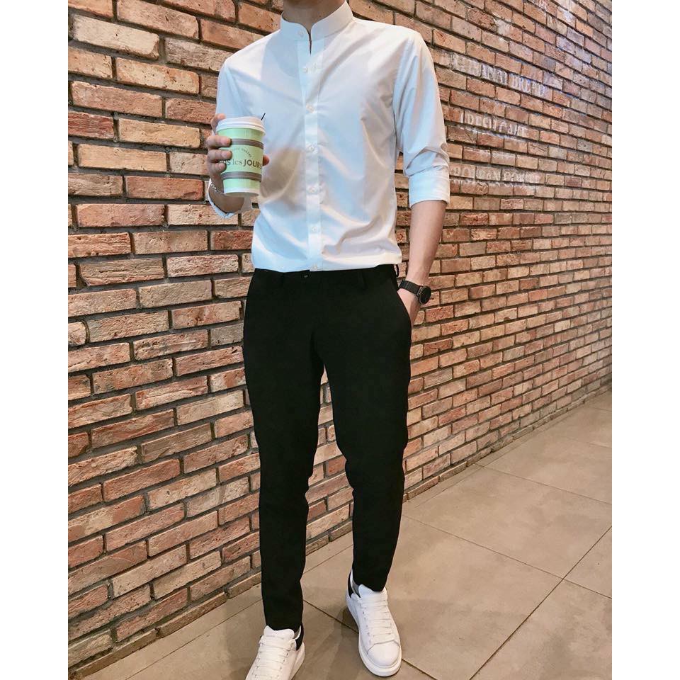 Set quần tây âu đen và áo sơmi trắng cổ trụ body hàn quốc