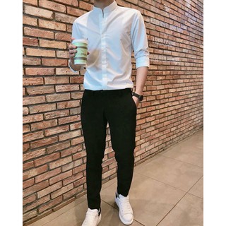 Set quần tây âu đen và áo sơmi trắng cổ trụ body hàn quốc