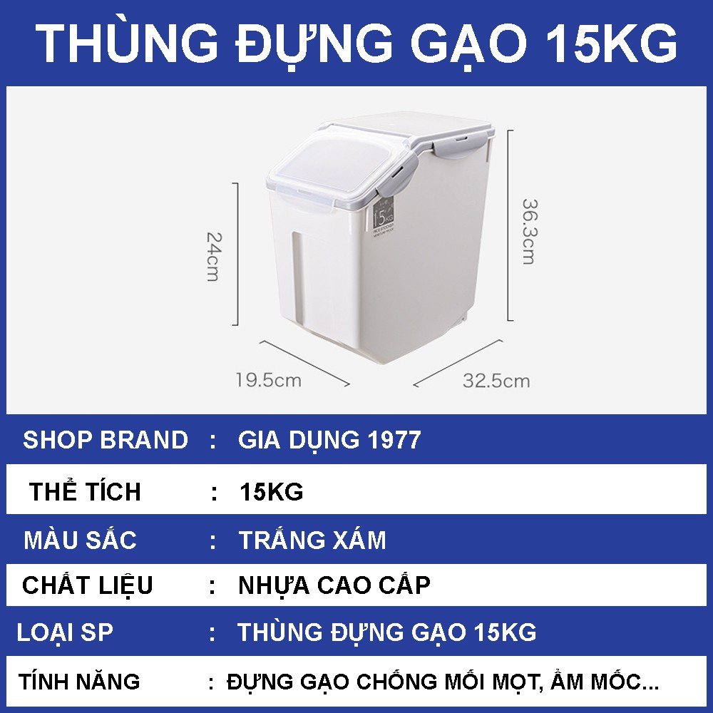 Thùng đựng gạo thông minh 10 - 15kg chất liệu nhựa PP cao cấp, thùng gạo nắp nhựa kháng khuẩn chống ẩm mốc tuyệt đối