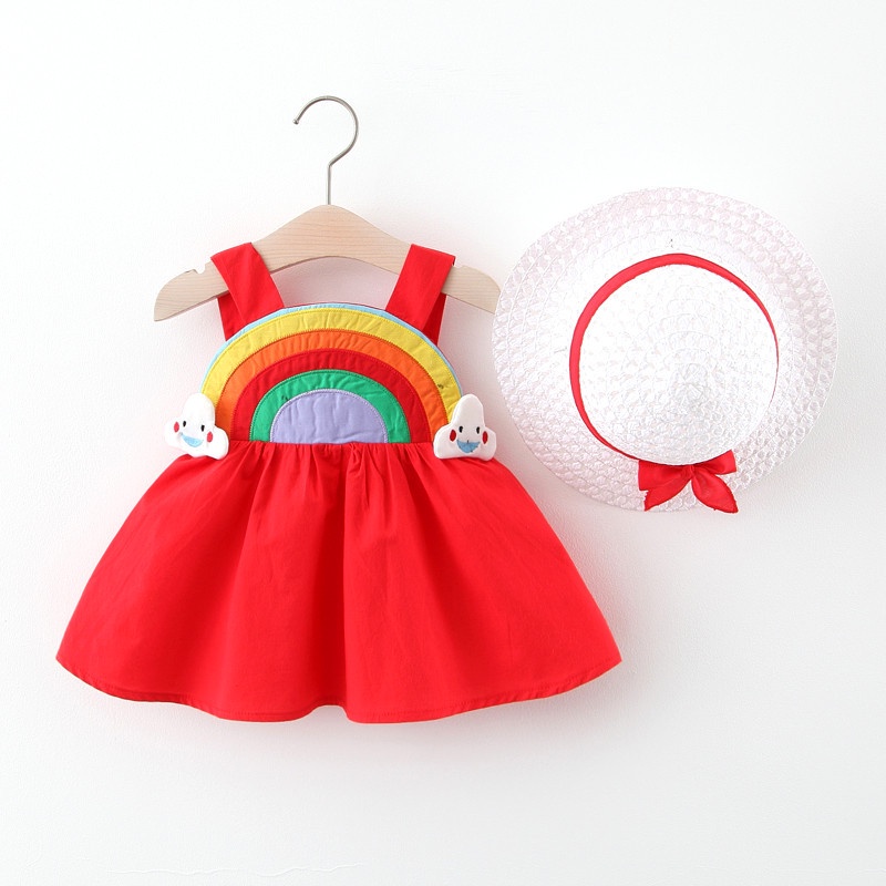 Set Đầm Hai Dây + Mũ Rơm + Băng Đô Màu Cầu Vồng Thời Trang Xuân Hè Mới Cho Bé Gái