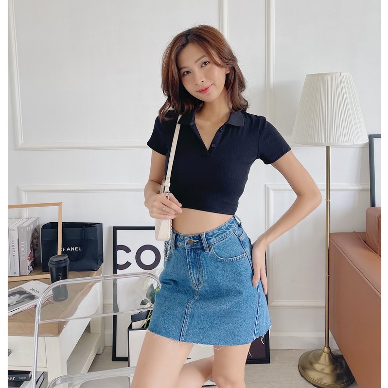 Áo croptop thun HEYBEE có cổ siêu co giãn, màu xanh chấm bi dễ thương - RAINA CROPTOP HT673