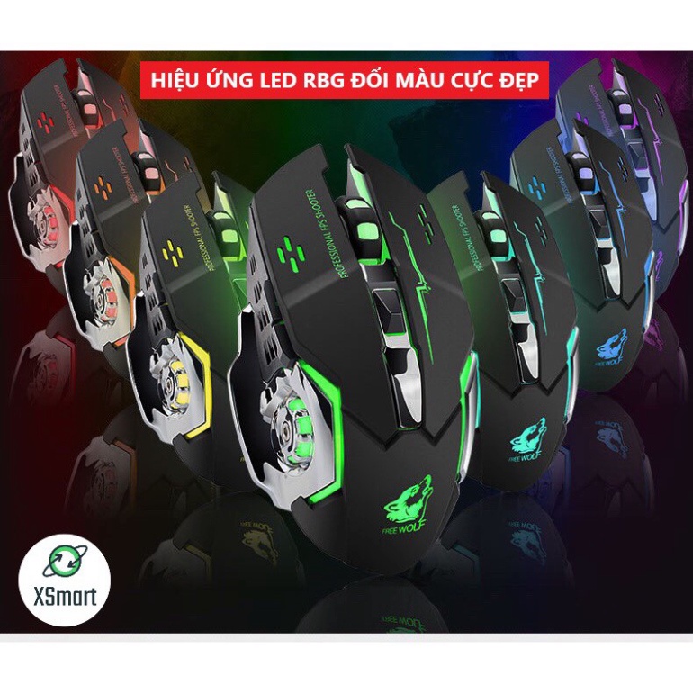 Chuột Không Dây Gaming Wolf X8 LED 7 Màu RGB, Pin Có Thể Sạc Dùng Cực Lâu, Chuột Chơi Game Không Dây