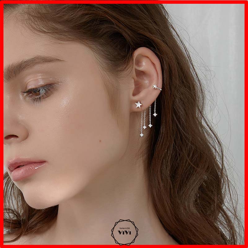 Bông tai bạc Ý tua rua bất đối xứng Tastar – khuyên tai ViVi_Gift