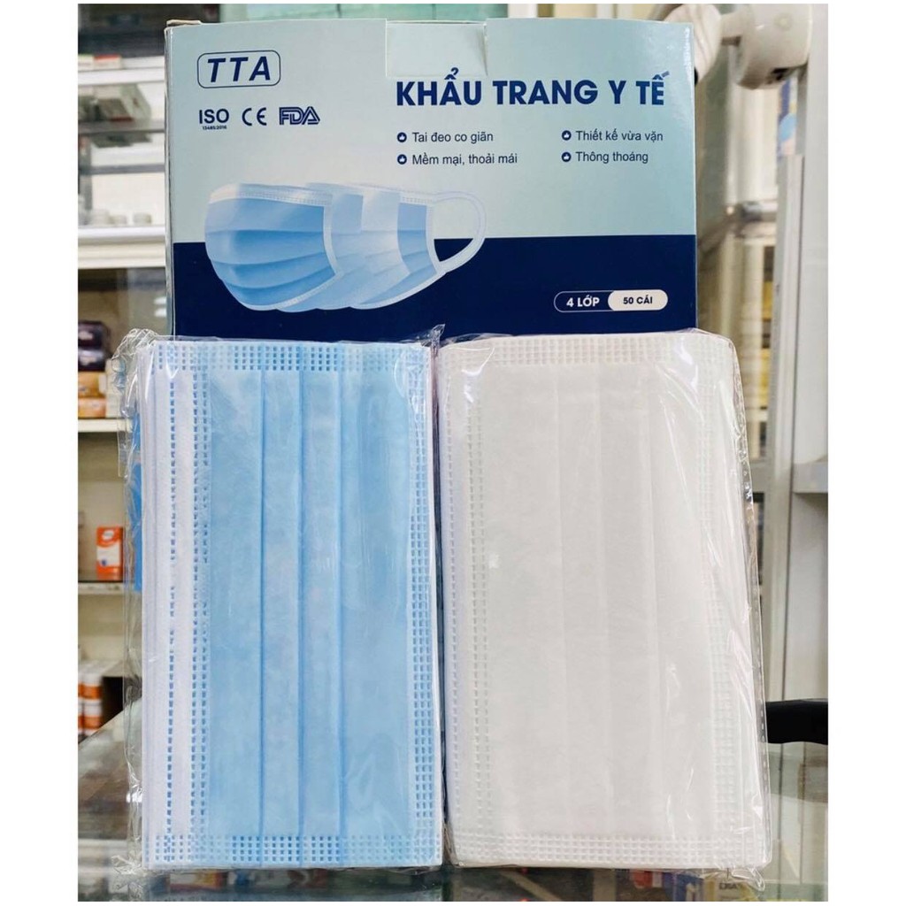 Khẩu Trang Y Tế TTA 4 Lớp Kháng Khuẩn Tai Đeo Mềm Mịn Chống Trượt - Hộp 50 Cái