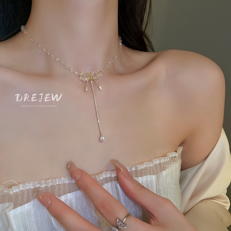 DREJEW Dây Chuyền Mạ Vàng Mặt Hình Nơ Đính Đá Zircon Thời Trang
