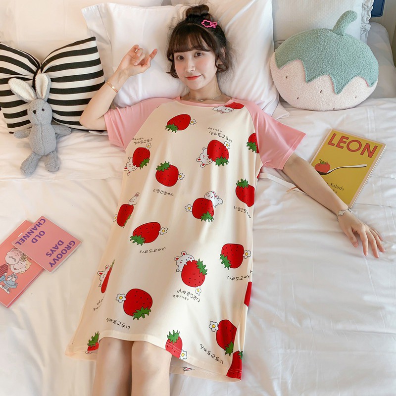 Váy ngủ in họa tiết hoạt hình tay ngắn thời trang mùa hè Hàn Quốc cho nữ