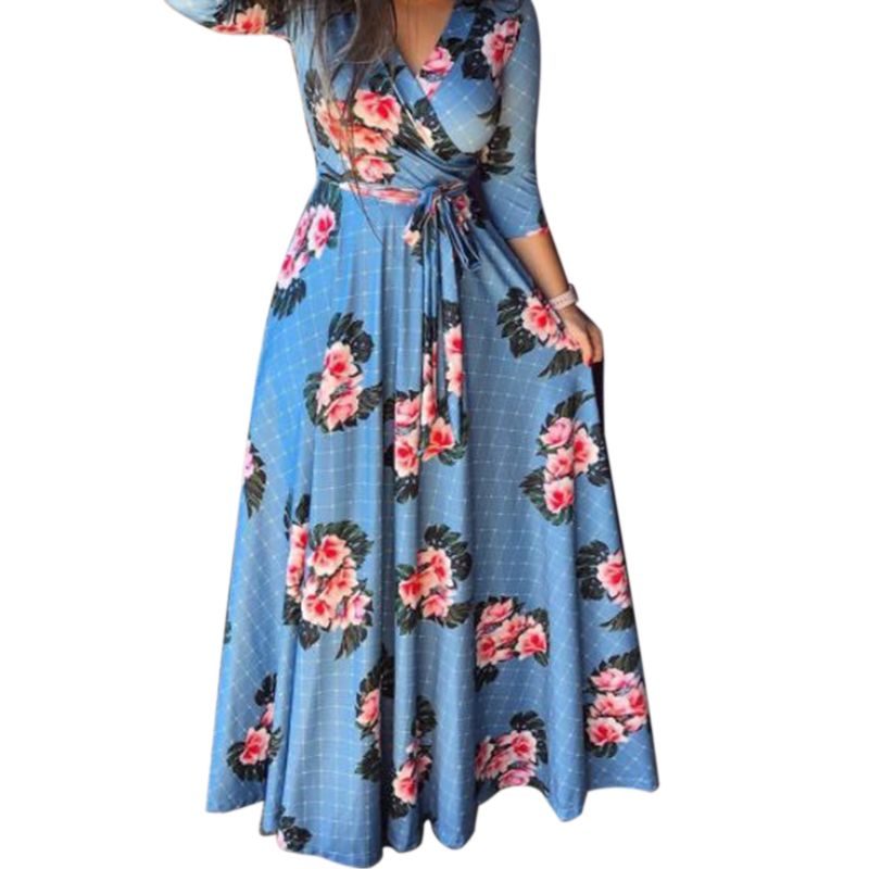 Đầm Maxi Nữ Tay 3 / 4 In Hoa Phong Cách Boho Plus Size