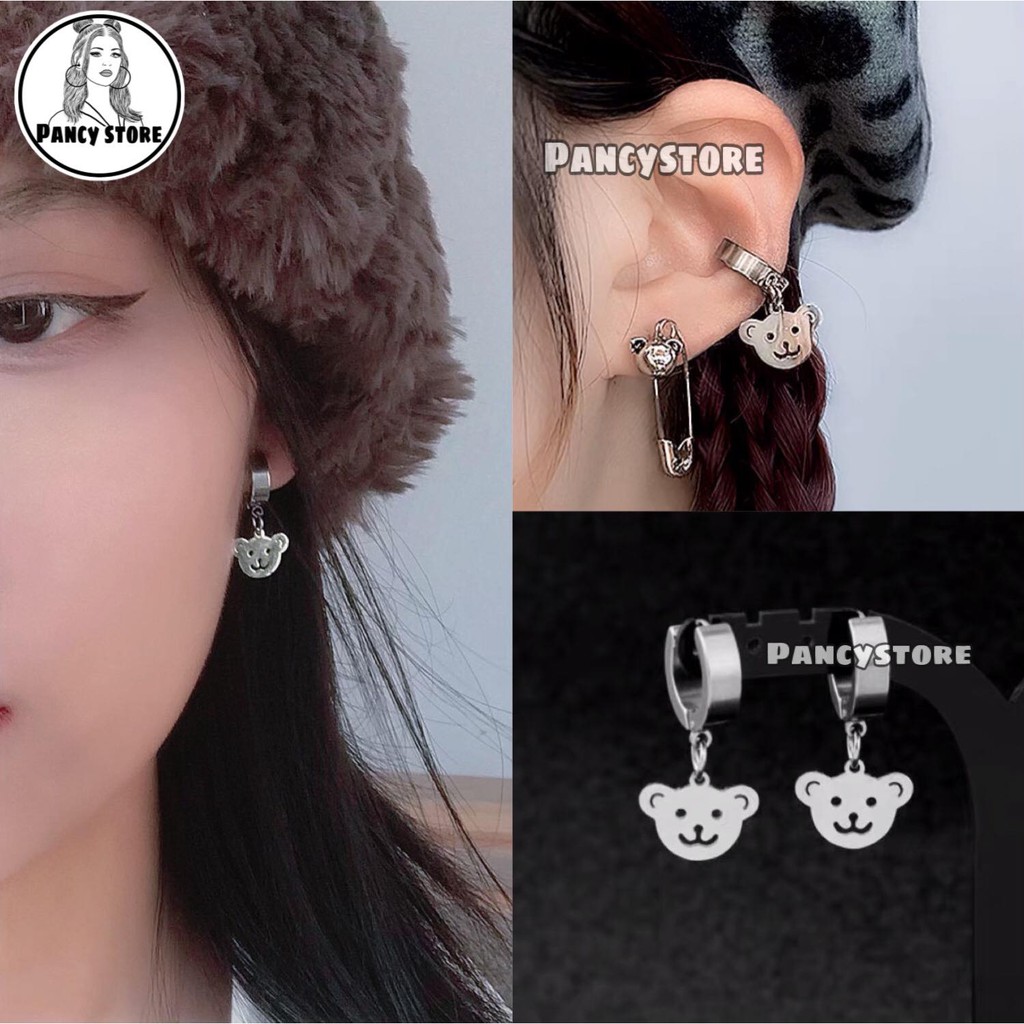 khuyên tai bông tai titan hình gấu không gỉ unisex