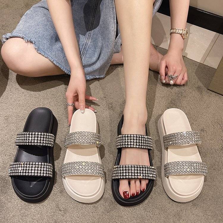 Dép Sandal Đế Dày 5Cm Đính Đá Thời Trang Đi Biển Phong Cách Hàn Quốc Cho Nữ