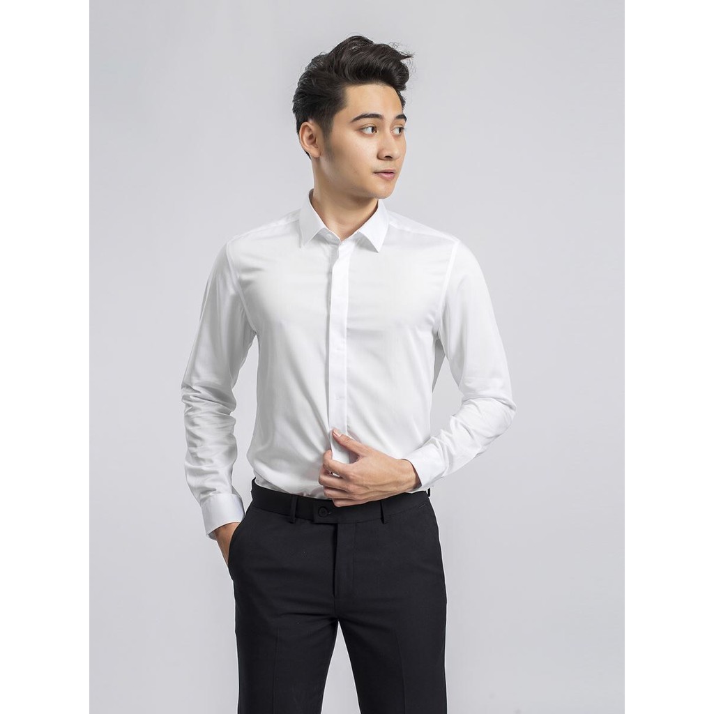 Áo sơ mi nam dài tay trắng tinh ARISTINO tà lượn giấu cúc tinh tế  slim ALS00909