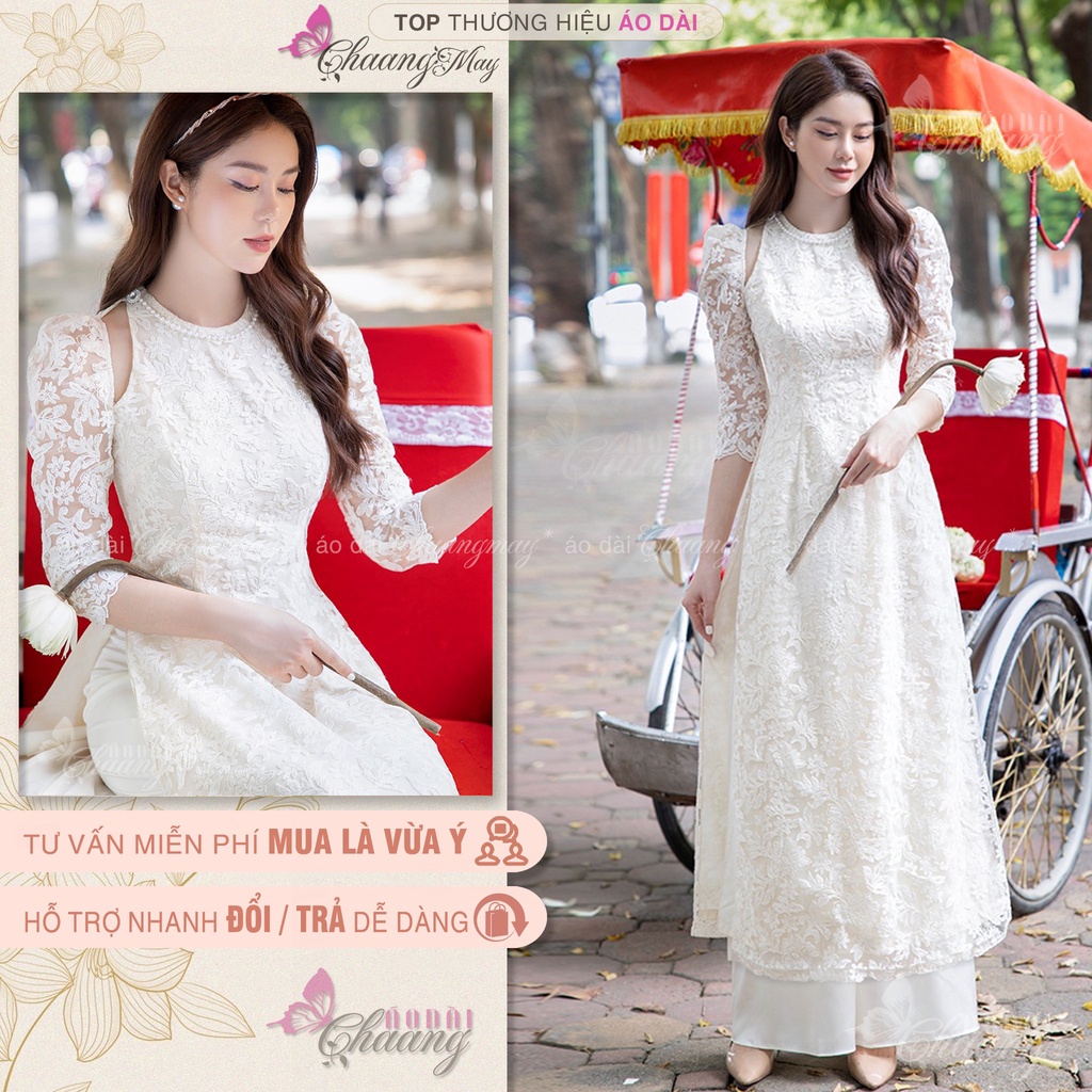 Áo dài cách tân nữ ren hoa tay bồng xẻ vai Chaang May sẵn cách điệu sang trọng trong lễ tết cưới hỏi đẹp
