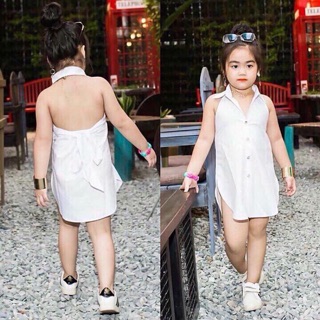 Đầm sơ mi kiểu yếm hở lưng chỉ này tím