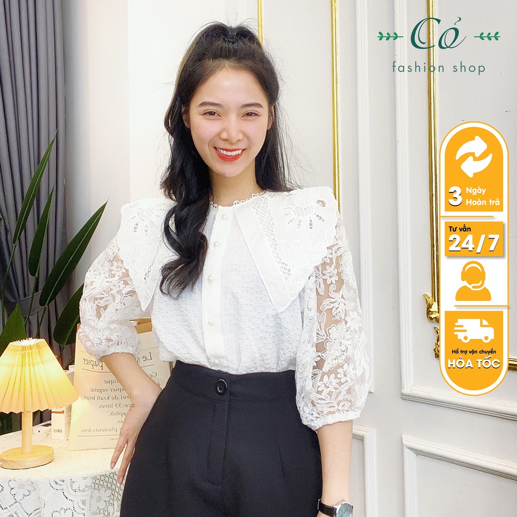 Set áo sơ mi công sở tay lỡ ren trắng kèm quần giả váy CỎ FASHION thiết kế