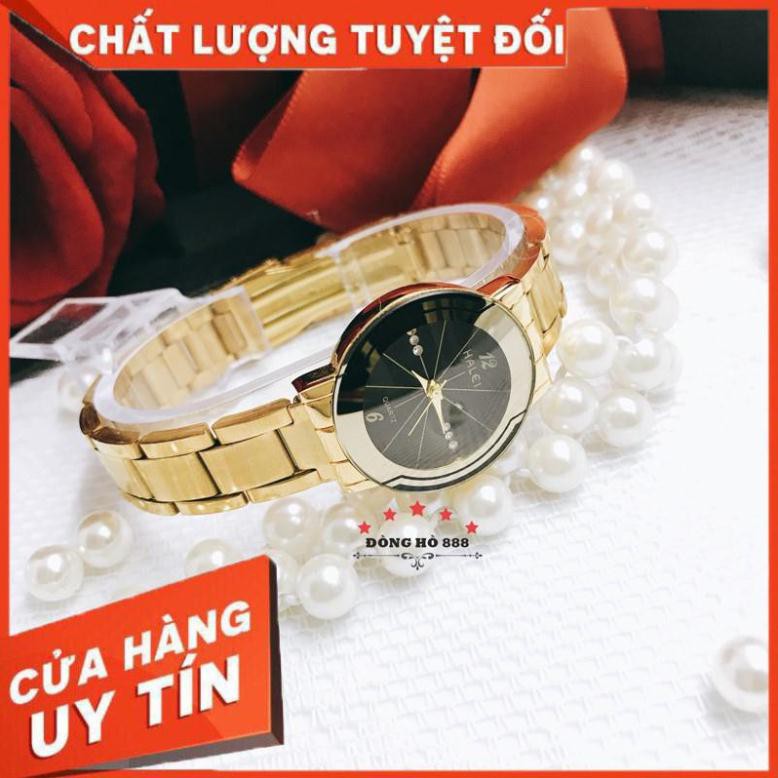 FREESHIP - Đồng hồ nữ Halei dây vàng mặt tròn sang chảnh, chống nước chống xước - HL457 | BigBuy360 - bigbuy360.vn