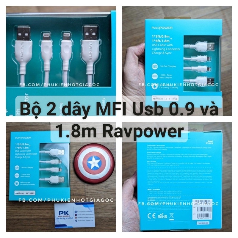 Combo 2 cáp sạc nhanh USB to IP RAVPOWER 0.9 m & 1.8m chuẩn MFI sạc IP chân USB 13 Pro max / 12 / 11 / XS max ...