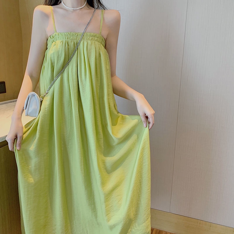 Đầm Hai Dây Dáng Dài/Ngắn Xếp Ly Màu Xanh Bơ Thời Trang Mùa Hè Cho Nữ