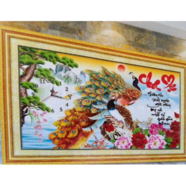 Tranh thêu chữ thập đồng hồ cha mẹ chim khổ tước tuyệt đẹp kt 81*52cm(kèm hình thật)