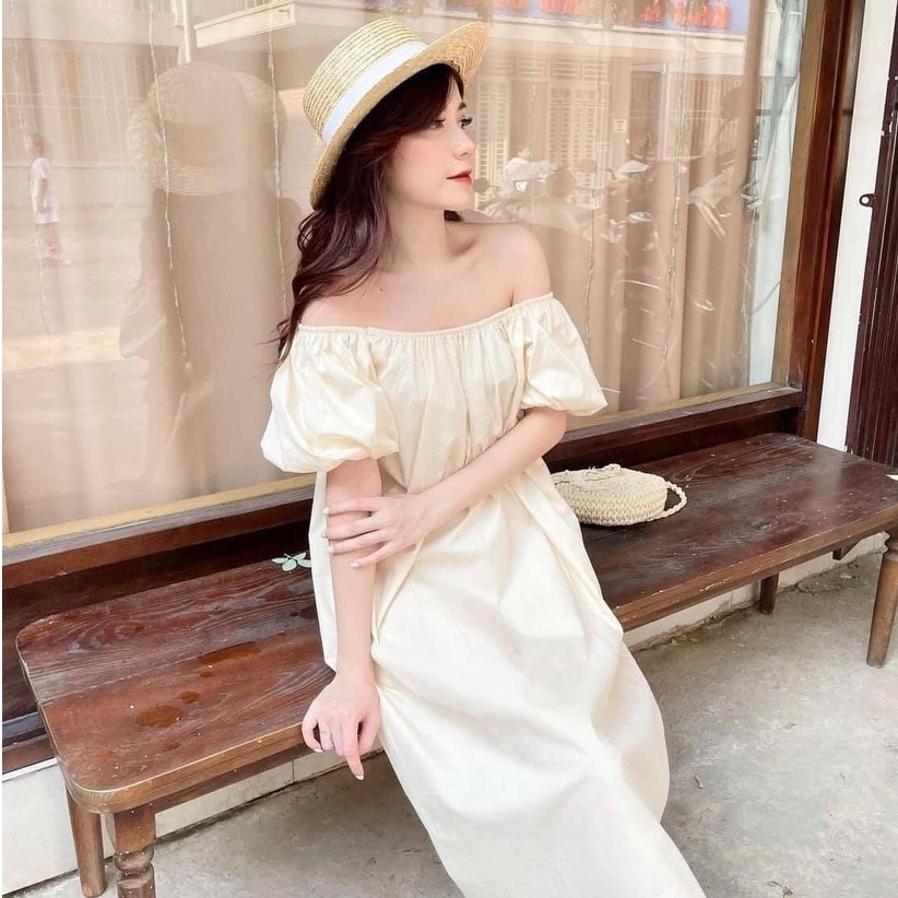 Váy trễ vai dáng maxi chất thô mềm thoáng mát đầm trễ vai 4 màu sang chảnh V1468