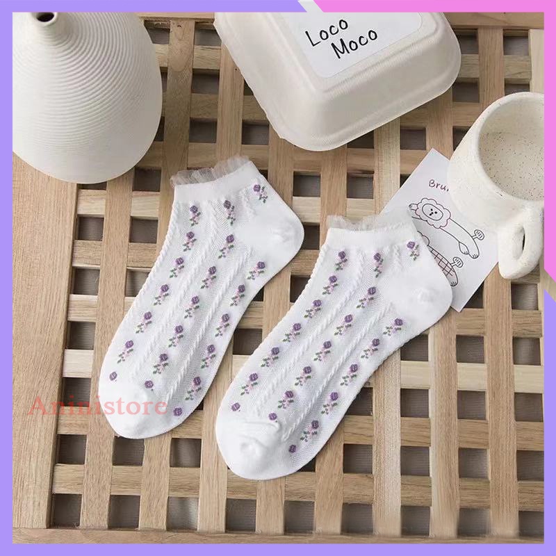 Tất cổ ngắn, vớ cổ ngắn nữ VIỀN PHỐI LƯỚI BÔNG HOA MÀU TÍM phong cách HÀN QUỐC (TP CN 016 – Aninistore)